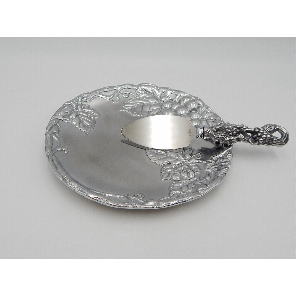 Arthur Court Cheese Set Tray Plate & Spreader Knife Grapes Leaves 2000 Design